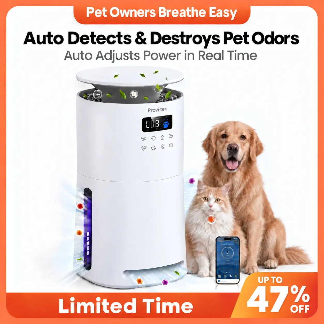 Provirtec Pawtent Ultra Air Purifier for Pets, 2000 ft²/h Large Room HEPA Cleaner with AirSense Tech, App+Voice Ctrl, Odor Removal, 2-Year Filter Set, US Plug, Smoke Removal (Limited Stock)
