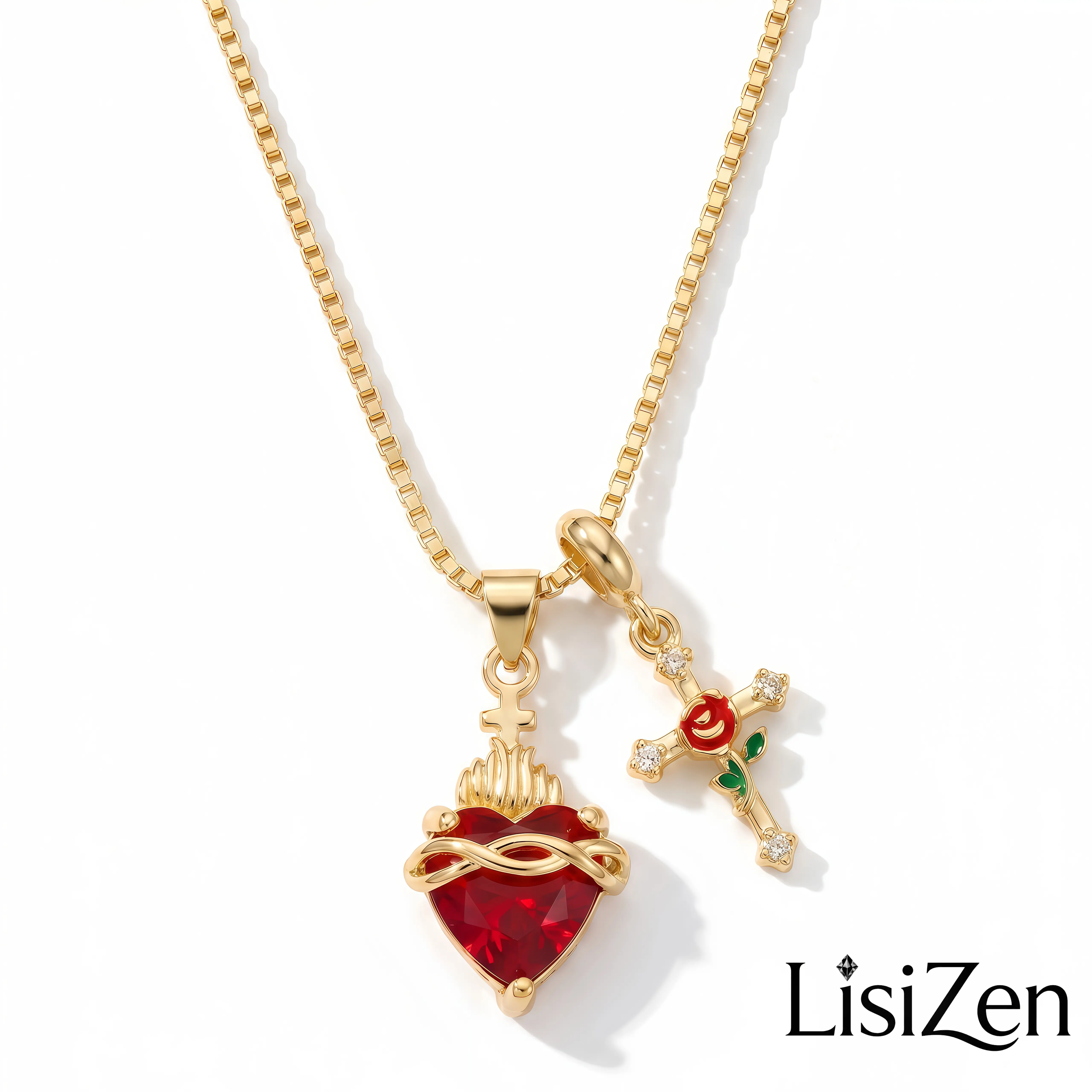 LisiZen Women's Heart Necklace, New Rose Cross Multi-Pendant Zircon Charms Choker, Sacred Gemstone Collarbone Chain Jewelry DZXL4063, Romantic Accessories, Female