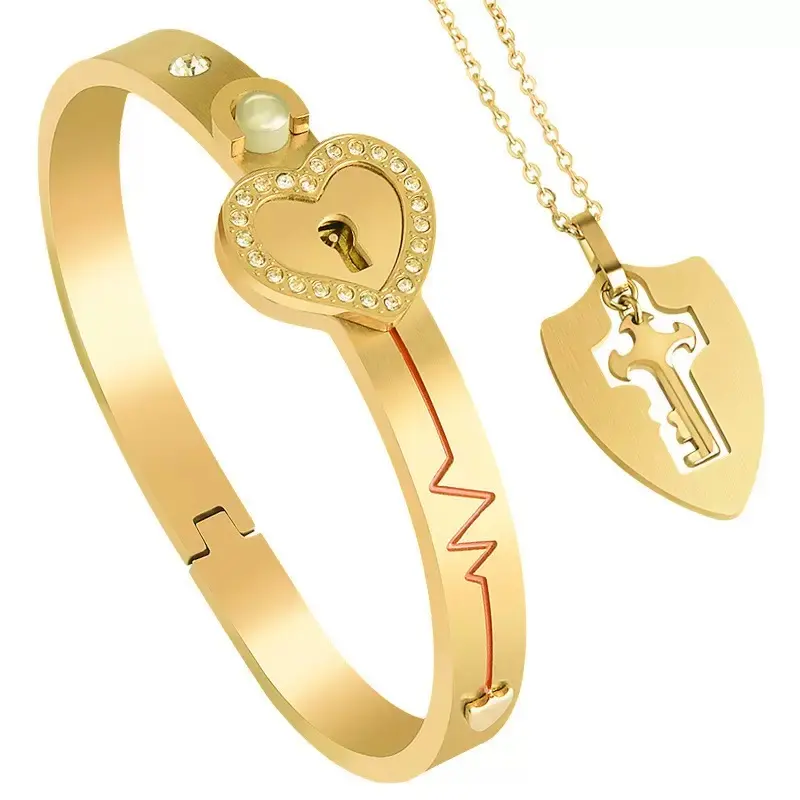 Titanium Steel Heart Lock Bracelet & Key Necklace Set, Romantic Couples Costume Jewelry, Ideal for Valentine's Day & Anniversary Gifts