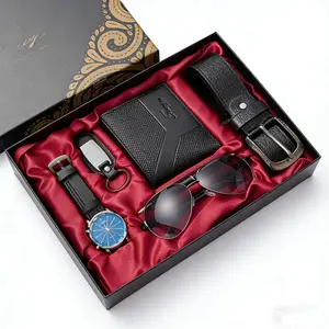 Men's 6-Piece Premium Accessory Gift Set - Leather Wallet Sunglasses Alloy Belt Wrist Watch Keychain & Ballpoint Pen Ideal for Birthdays Groomsmen & Travel Gifts