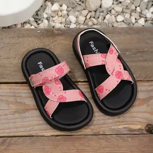 Summer New Boys' Print Sandals Retro Cross Strap Soft Sole Beach Shoes Trendy Cool Casual Sandals