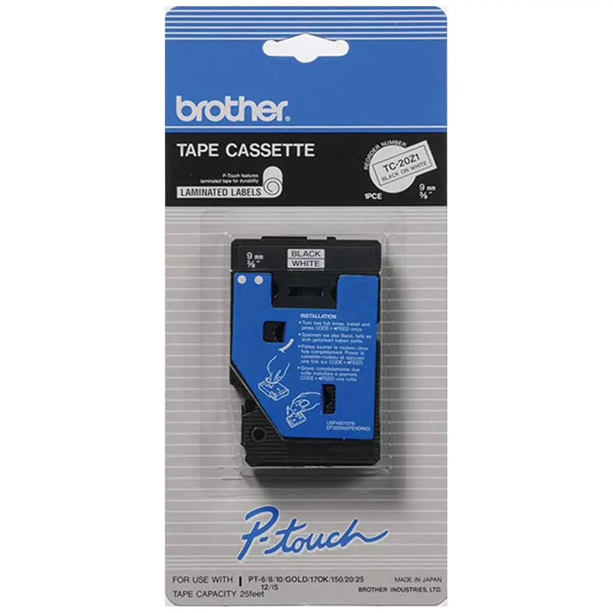 Brother 9mm (0.35") Black on White Tape for P-Touch Labelers, 7.7m (25.2') Length