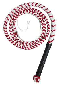 Genuine Cowhide Leather Bullwhip, 3-Tone white Black Red 12-Plait Hand-Braided Indiana Jones Style, 6-10ft Durable Equestrian Training Whip