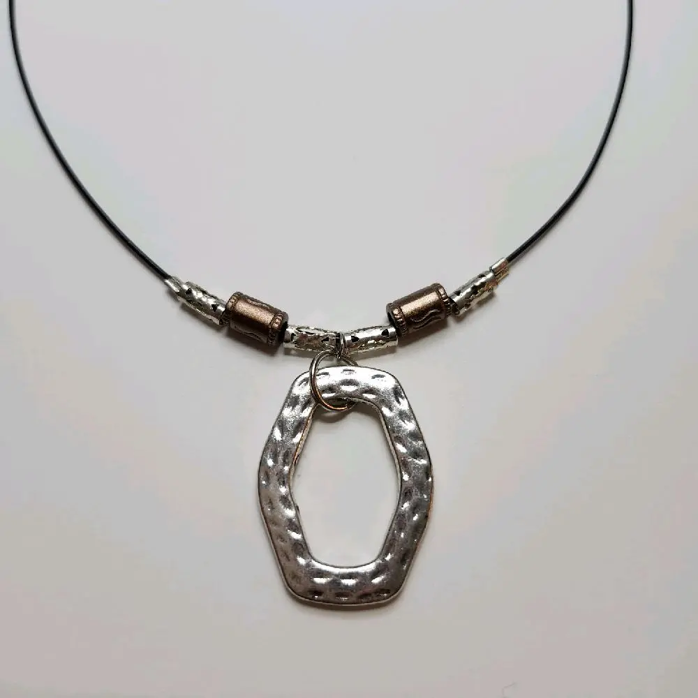 Wire Necklace with Charms - Silver Rectangular Pendant on Black Cord Jewelry Accessory