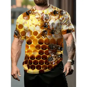 3D Digital Printed Men'S Honeycomb Bees T-Shirt, Golden Yellow Hexagonal Pattern Short Sleeve Round Neck Tee, 100% Polyester Summer Casual Top for Outdoor Activities, Active Beehive Design for Nature Lovers