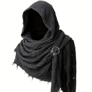 Medieval Renaissance Cloak Cape with Viking Brooch Hooded Shawl Scarf for Halloween Costumes Streetwear Pop Culture Events Tattered Edges Durable Fabric Accessory Goth Menswear Clothes Gamis Silk Beige Plain Bestie Vintag