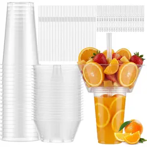 20 Sets Snack and Drink Cup, Disposable Plastic Cup with Snack Bowl on Top Includes 20 Cups, 20 Bowls, 20 Straws, 40 Forks for Party, Stadium, Patron and Movie Night