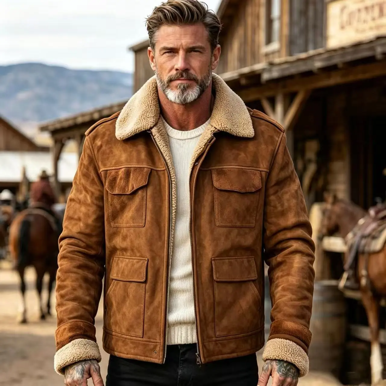 Men’s vintage suede aviator jacket with lambswool collar lining, Western wool fleece warm workwear jacket, casual streetwear jacket for autumn/winter