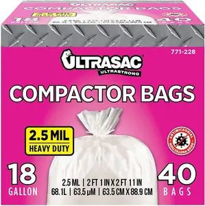 Ultrasac Trash Compactor Bags - (40 Pack with Ties) 18 Gallon for 15 inch Compactors - 25" x 35" Heavy Duty 2.5 MIL Garbage Disposal Bags Compatible with Kitchenaid Kenmore Whirlpool GE Gladiator Ultra Strong Fabuloso Scent Kitchen Bags Plastic