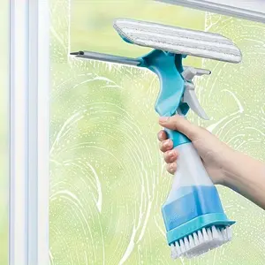4-In-1 Glass Cleaning Brush Set, Squeegee Scrubber, Spray & Scrub Options, Ideal for Windows Mirrors Tiles, Easy Home Cleaning Tool, Bathroom Kitchen Living Room Essential