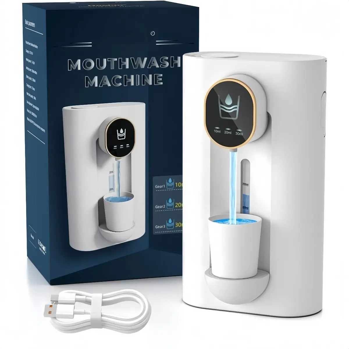 Smart Touchless Mouthwash Dispenser – Automatic Electric Dispenser with LED Display, 3 Adjustable Volumes, 2 Magnetic Cups, USB Rechargeable  White