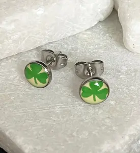 PAIR of Unique Green Shamrock/ Clover 316L Surigical Steel Earrings with Butterfly Back - Saint Patricks - St Patty's Day
