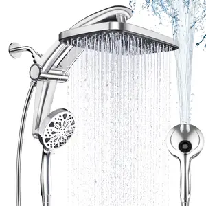 Dock-Free Dual Rain Shower Head Combo | 3 Step Install | 12" High Pressure Rainfall Showerhead | 8 Sprays 2 Power Jets Settings Handheld | 59" Hose | Magnetic Snap-to-Dock | Adjustable Height/Angle | Shower Heads |No-Drill Luxury Standing Showers