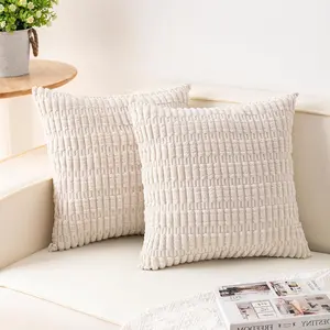 2PCS Corduroy Decorative Throw Pillow Covers Home Textile 18x18 Inch Boho Soft Striped Pillow Covers Modern Farmhouse Home Decor for Sofa Living Room Couch Bed(Cream White)