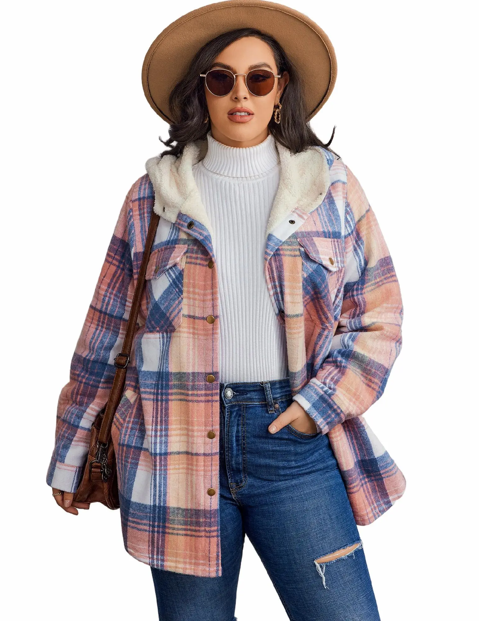 Plaid Hooded Shacket for Women Plus Size, Casual Baggy Long Sleeve Flannel Button-Down with Warm Fleece Core for Holiday, Fabric, Oversize, Basic, Coat, Tops, Outdoor, Loose-Fit, Comfortable