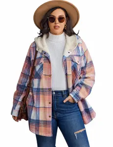 Plus Size Womens Flannel Plaid Shacket Jacket Long Sleeve Button Down Fleece Hooded Jackets Fall Winter Coat Casual Autumn Women's Plaid  Match With Occasions