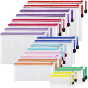 nnakoo Multi-Size 30-Pack Mixed-Color Waterproof PVC Mesh Ziplock Resealing Multi-Purpose Storage Bags, Transparent Document Organizer Bags for School, Home Use, Multi-Size Pack Of 30 (Mixed Colors)