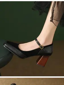 Vintage Square Toe High Heel Single Shoe, One Strap Chunky Heel Mary Jane Shoes, Colorblock Carved Elegant Women's Shoes