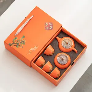 Persimmon Tea Set (Large Set), Ceramic Complete Tea Ware with Teapot, Teacups, Custom Gift Box and Souvenir