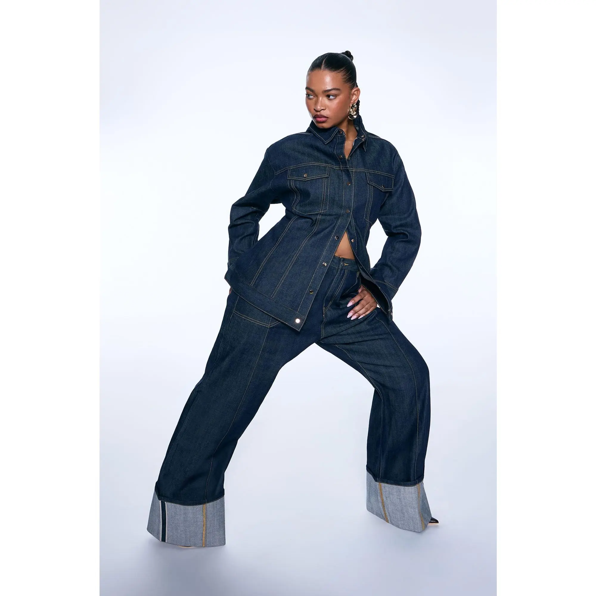 Premium Selvedge Cuffed Utility Wide Leg Jeans - Dark Denim