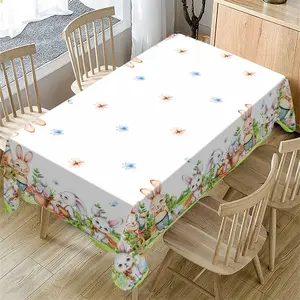Rectangular Easter Tablecloth, Cartoon Rabbit & Egg Design, Spring/summer Floral Pattern, Perfect for Holiday/easter Decorations