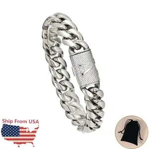 14mm Miami Cuban Link Bracelet Initial Letter A-Z Stainless Steel Hip Hop Jewelry For Men Women Father Day Birthday Gift