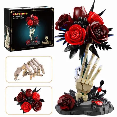 Hogokids Skeleton Hand Bouquet Building Set, 774 Pieces Gothic Halloween Red Rose Model Kit for Building Toy Lovers, Blue Light Strip, Dual Transformable Hand Poses Display, Halloween Decor Collectible Piece, 12+