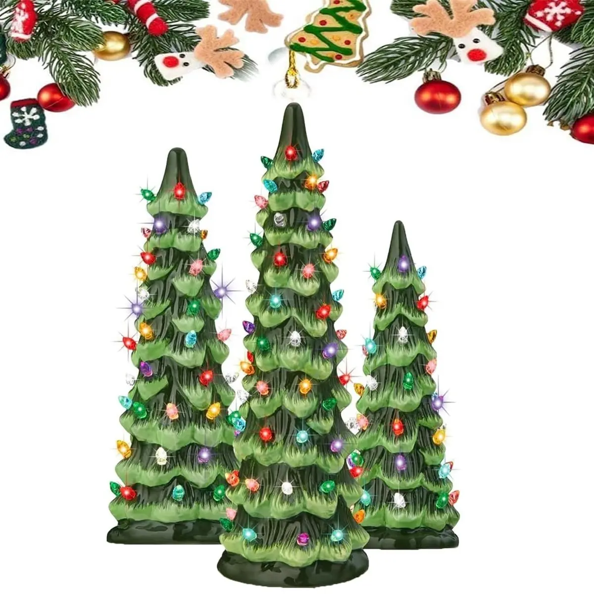 Pre-assembled hand-painted ceramic tabletop Christmas tree, for Christmas decoration.