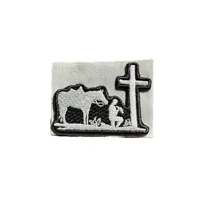 Praying Cowboy Embroidered Hat Patch - Black Design Featuring Cow and Cross, Ideal for Personalization and Decoration