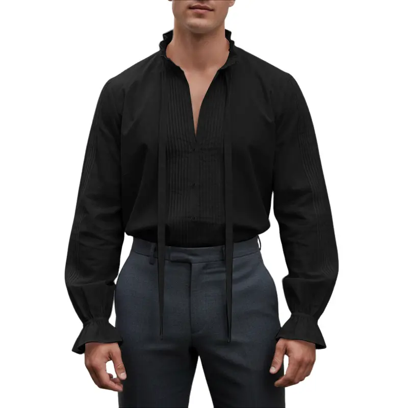 INCERUN Men's Elegant Polyester Plain Basic Stand Collar Long-Sleeve Pleated Button-Up Shirt with Lettuce Trim for Party, Casual Wear