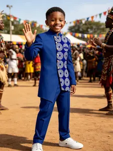 Royal Blue Ankara Patchwork Suit Set with Asymmetrical Collar, Elegant for Parties & Church, Comfortable and Durable Fashion
