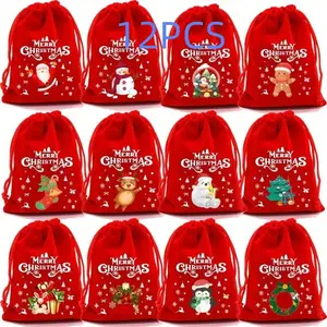 Christmas Themed Drawstring Gift Bag, 12pcs/set Random Pattern Merry Christmas Gift Candy Bag, Gift Wrapping Supplies for Home Party Festival