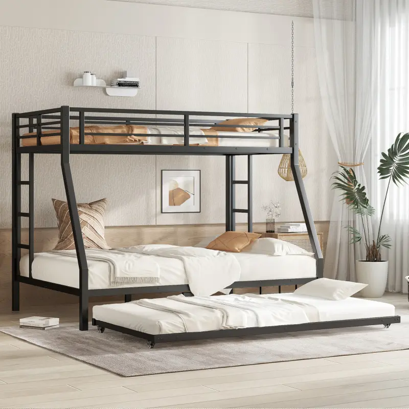 Twin over Full Bunk Bed with Twin Size Trundle, Heavy-Duty Metal Bunk Bed Frame, Noise Free, Black