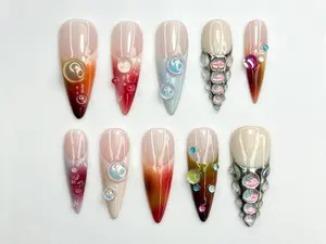 Iridescent Gradient Bubble Press On Nails | Glassy Chrome Pearl Accents | Color Fade Stiletto Nails | Chrome Bubble Nail Art | JC785HC