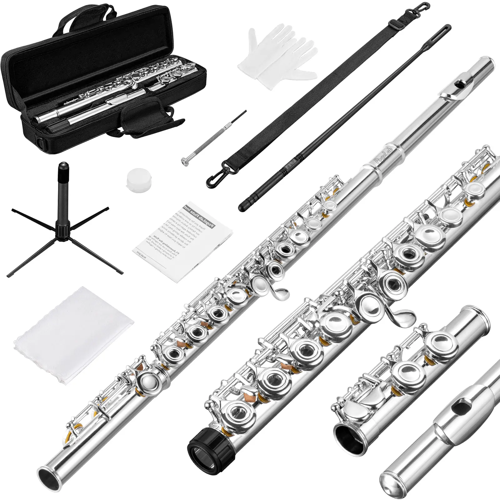 POGOLAB Open Hole C Flute Silver Plated 16 Keys Flute Instrument for Beginner Advanced Player Student Flute with Case, Stand, Strap, Probe rod, Gloves, Adjustment Screwdriver, Cleaning Kit