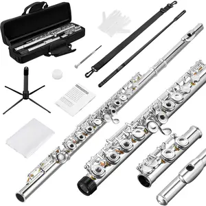 POGOLAB Open Hole C Flute Silver Plated 16 Keys Flute Instrument for Beginner Advanced Player Student Flute with Case, Stand, Strap, Probe rod, Gloves, Adjustment Screwdriver, Cleaning Kit