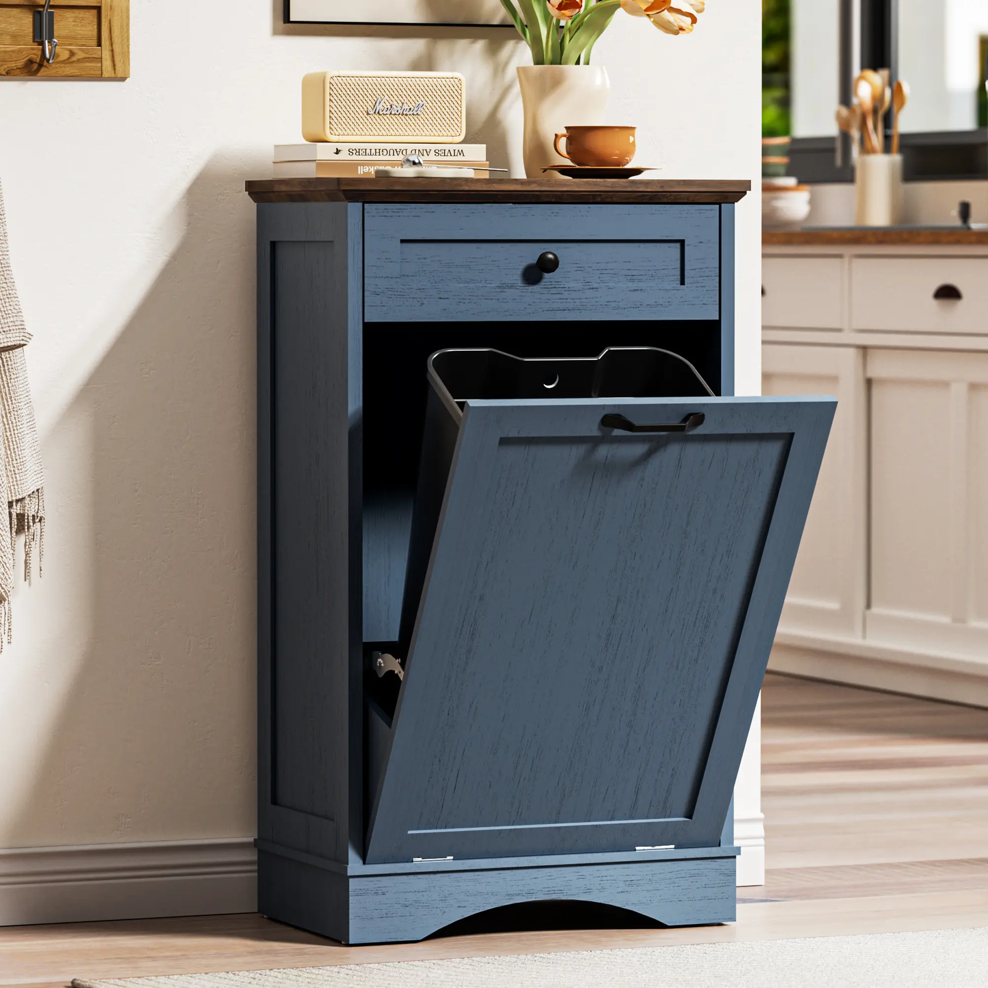 【Does Not Include Trash Can】 Spurgehom 13 Gallon Tilt-Out Trash Can Cabinet, Hidden Kitchen Garbage Bin with Drawer, Pet-Proof Storage summervibes Household Waste Bin