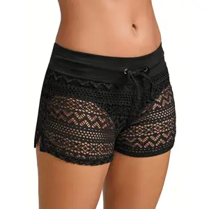 Women'S Low-Rise Breathable Mesh Swim Shorts with Drawstring Waist - Black Solid Color Beach & Pool Shorts, Medium Stretch for Beachwear, Sports Swimwear |   Drawstring Waistband |   Mesh Fabrictankini swimsuits set,chic design,mesh top,sport bra
