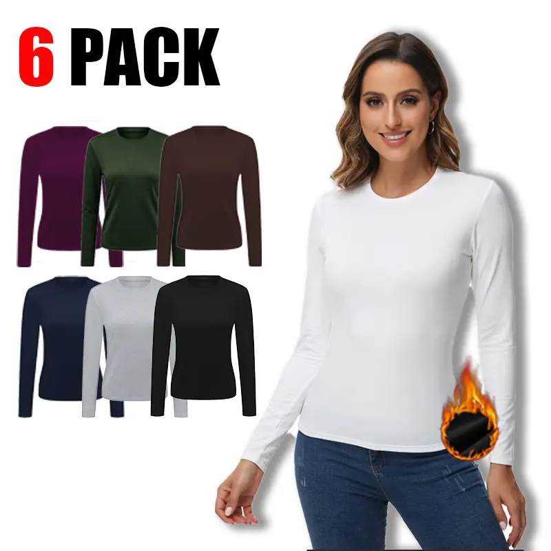 6-Pack Women’s Thermal Long Sleeve Tops, Crew Neck Warm Base Layer Shirts for Fall & Winter, Soft Stretch Fitted Undershirts for Layering, Daily Wear, Work, Running, Hiking, Outdoor Activities, Casual Essentials  Cargo