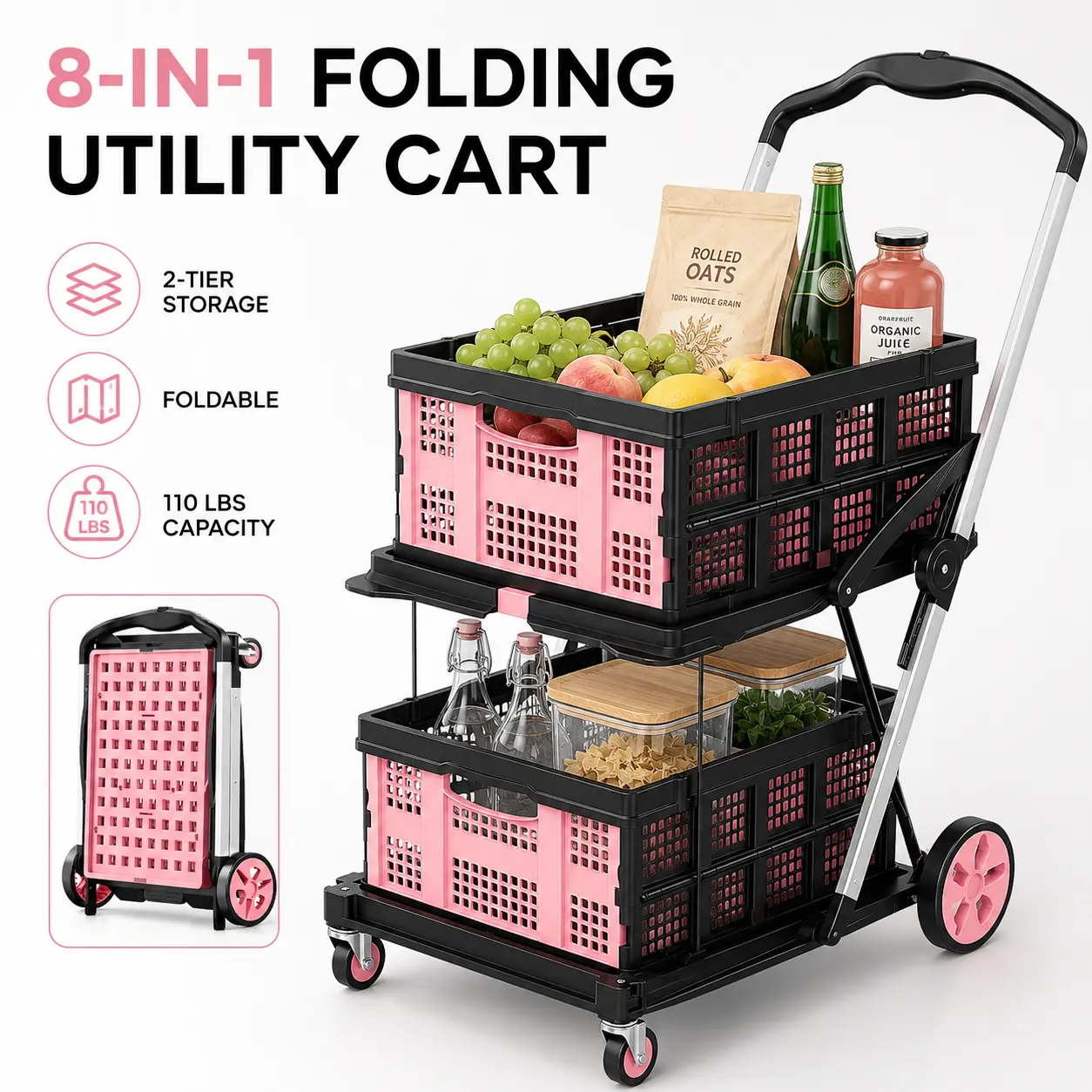 Elegant Folding Utility Cart with Wheels, Portable Plastic Rolling Shopping Basket for Grocery, Laundry, Picnic, Travel and Home Organization, Compact Space-Saving Pull Cart