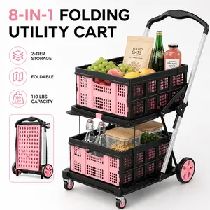Elegant Folding Utility Cart with Wheels, Portable Plastic Rolling Shopping Basket for Grocery, Laundry, Picnic, Travel and Home Organization, Compact Space-Saving Pull Cart
