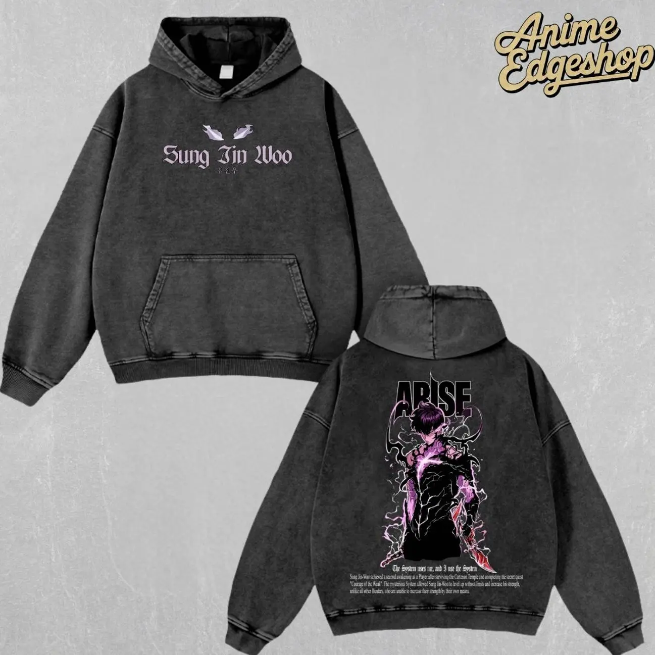 Retro Vintage Sung Jin Woo Oversized Washed Hoodie , Solo Leveling Anime Streetwear Outfits, Heavyweight Cotton Unisex Graphic Tee Top, Gift For Him & Her Manga Lover Menswear Casual, Halloween gift  1U2