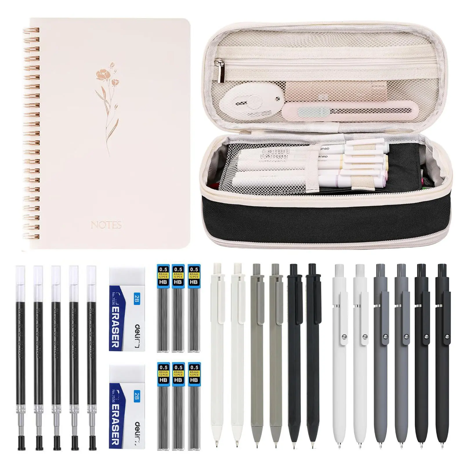 27pcs Set, Includes Large Capacity Pen Case, 6 Neutral Pens, 6 Mechanical Pencils, Notebook Included Stationery Set Student Essentials, Schoolsupplies, Classroom Supplies, School Study Supplies