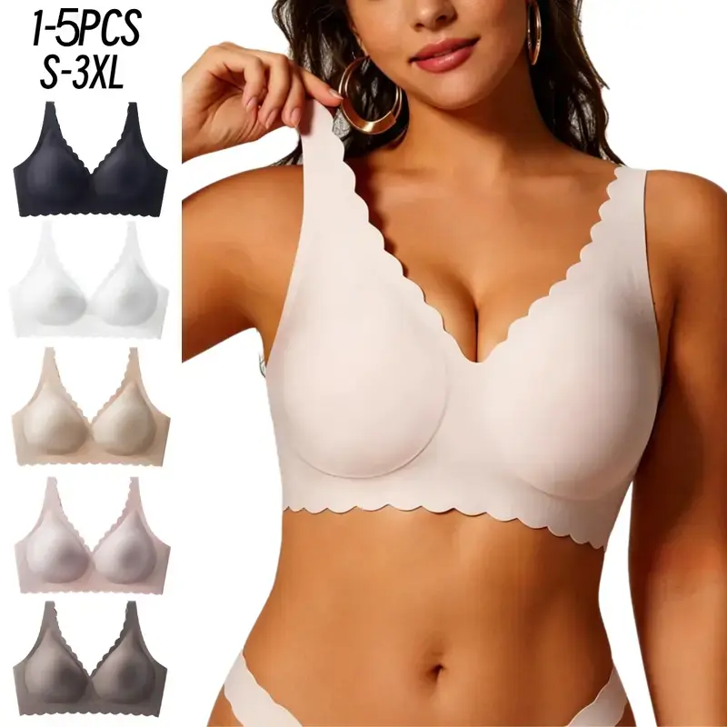 1-5PCS Jelly Push Up Wireless Bra Womens Scalloped Comfortable Wireless Bras Bralettes Seamless Tshirts Bras Deep V Everyday Bras S-2XL wirefree