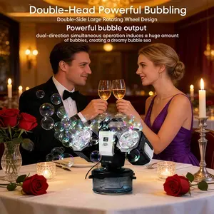 Dual Head Remote Bubble Machine, Rechargeable RGB Atmosphere Light, 360° Auto Rotating, Includes 50ML Concentrate Liquid