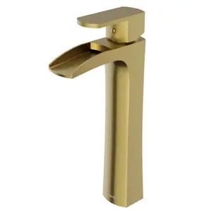 Kassel Brushed Gold Vessel Bathroom Faucet – Single Hole, Single Handle, Waterfall Spout, 12-1/4" Height, cUPC Certified, Drain Included, Lifetime Warranty