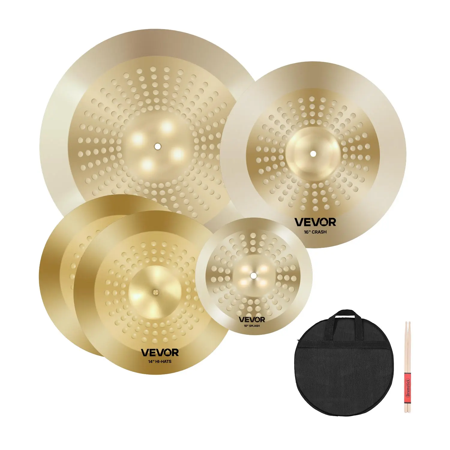 【Summerfinds】VEVOR Cymbal Pack,  , 4 Pieces Cymbals for Drum Set, Alloy Cymbals Drum Set Includes 14-inch Hi-Hats, 16-inch Crash, 20-inch Ride, 10-inch Splash, Drumsticks & Cymbal Bag, Alloy Cymbal Pack for Drummer