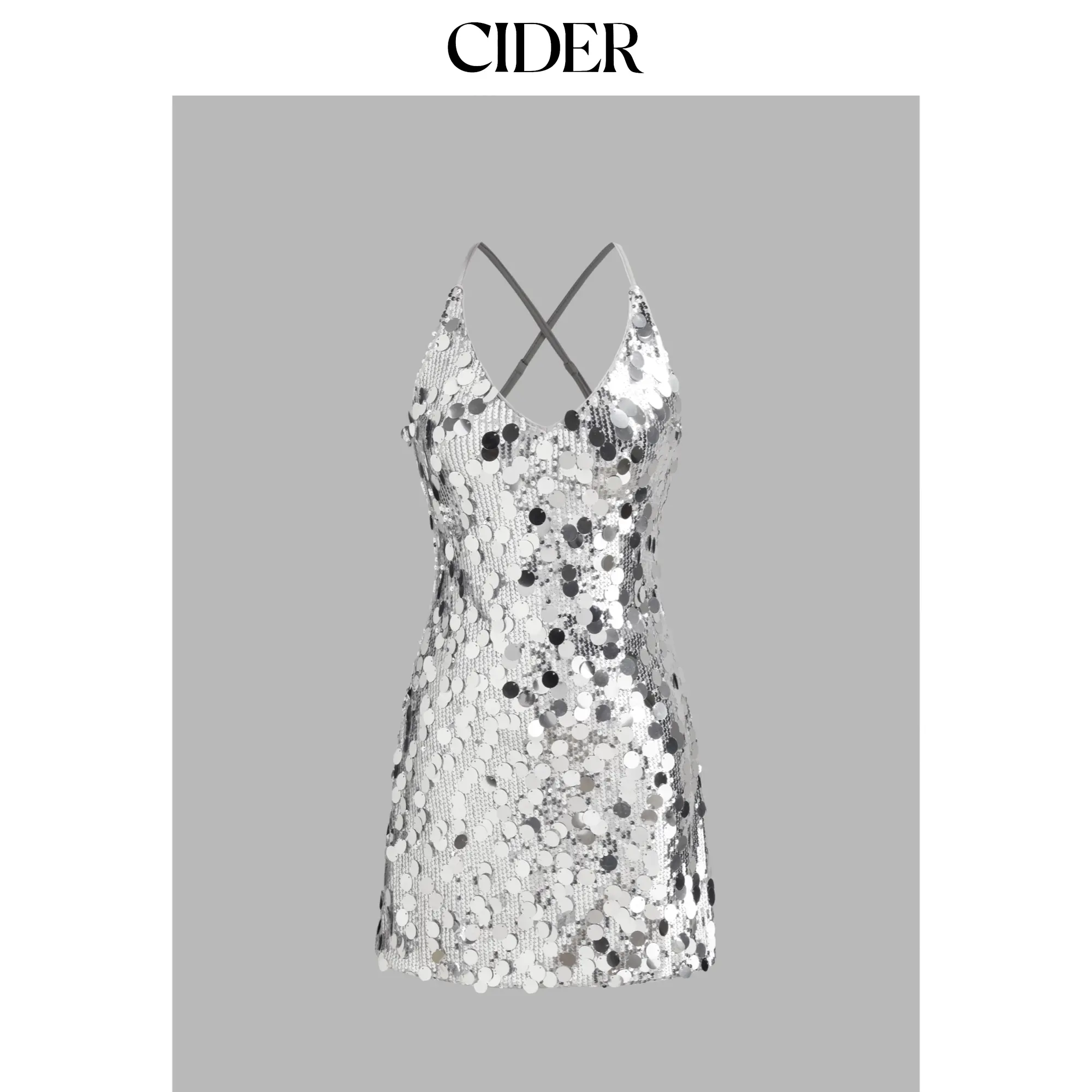Cider Women's Sparkly Sequin Mini Dress - Elegant Chic Scoop Neck Criss Cross Back Above the Knee Party Dress, Sleeveless, Above Knee, Sequin Sparkle, Sexy Party