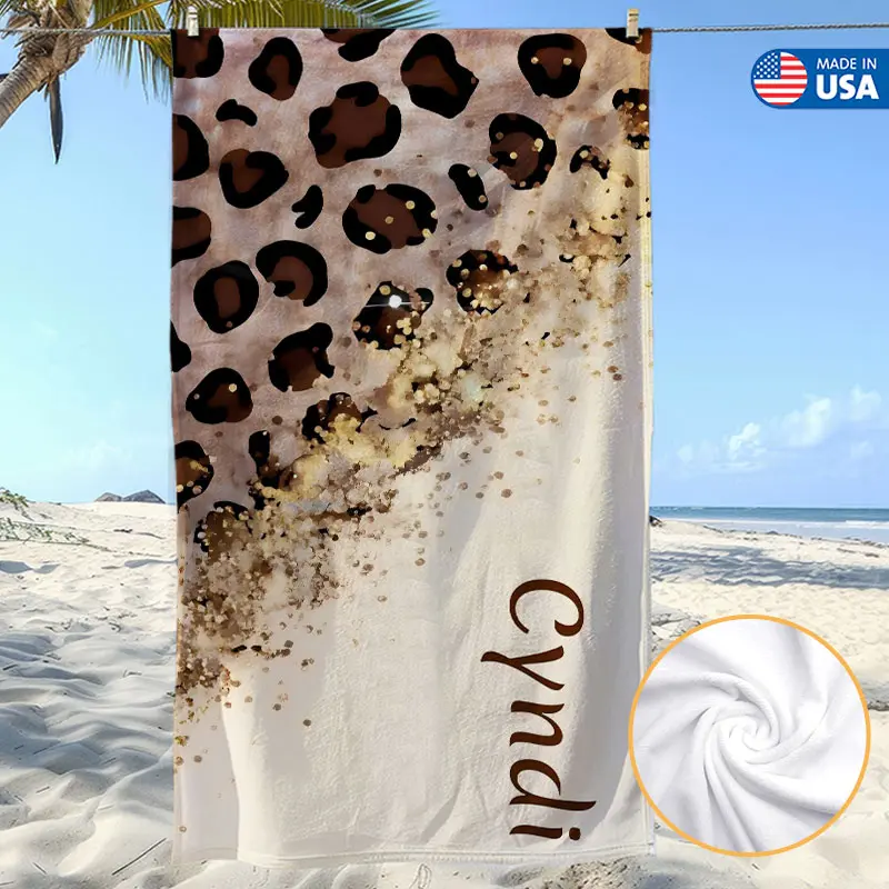 Custom Name Leopard Beach Towel, Personalized Soft Pool Towel, Monogram Vacation Towel, Absorbent Travel Bath Towel for Women, Custom Beach Gift
