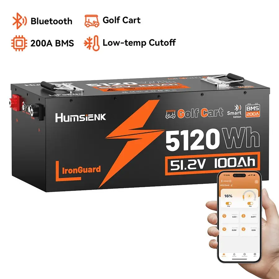 【Iron】Humsienk 48V 100Ah LiFePO4 Bluetooth Battery for Golf Cart, Metal case defends, Built-in 200A BMS, 50+ Mile Range for RV, Solar Marine, Off-grid Digital Power Display